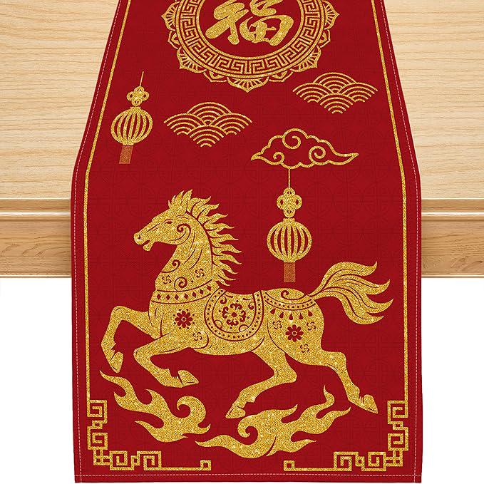 13x72 Inch Chinese New Year 2026 Horse Table Runner Red Gold Spring Festival Decor
