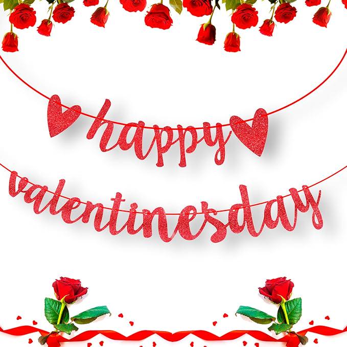 Glitter Happy Valentines Day Banner Pre Assembled Red Heart Party Home Decor