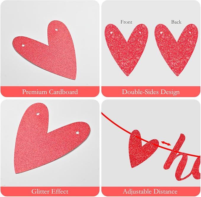 Glitter Happy Valentines Day Banner Pre Assembled Red Heart Party Home Decor