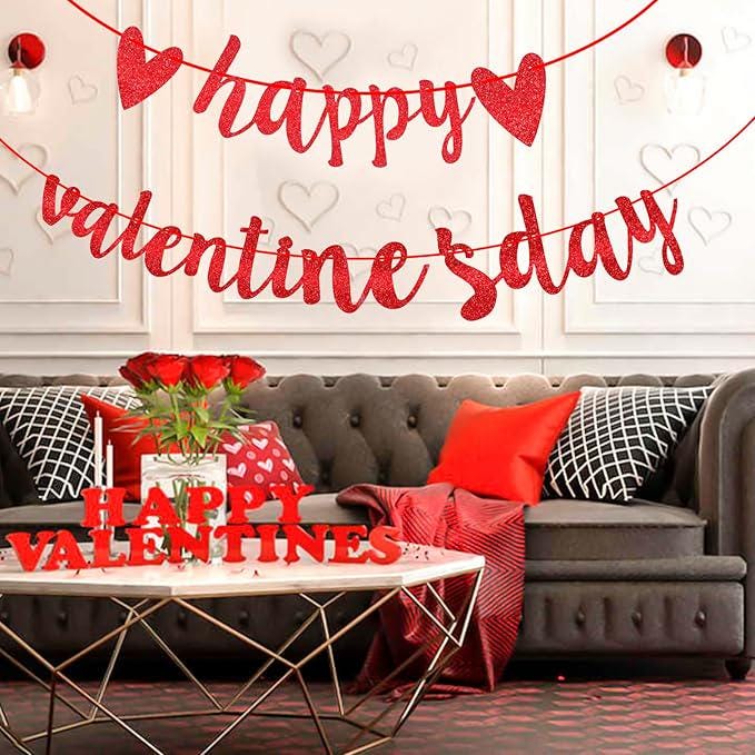 Glitter Happy Valentines Day Banner Pre Assembled Red Heart Party Home Decor