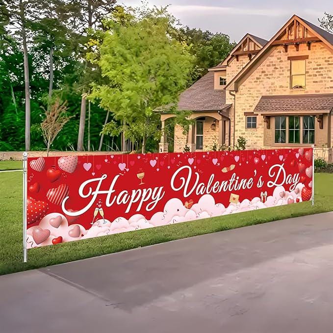 Valentines Banner Extra Large 120x20 Inch Hanging Hearts Outdoor Party Decor