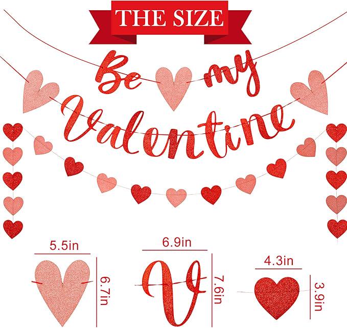 Be My Valentine Banner with Heart Garland 3pcs Glitter Red Pink Party Decor