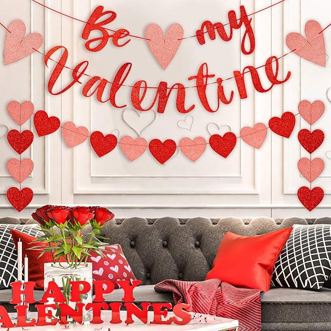 Be My Valentine Banner with Heart Garland 3pcs Glitter Red Pink Party Decor