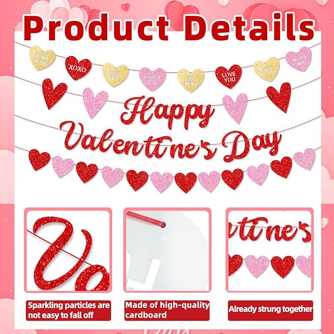 Happy Valentines Day Banner with Heart Garland Glitter Love Party Decor