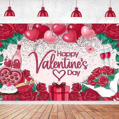 Happy Valentines Day Backdrop Banner Red Heart Balloons Roses Love Photo Decor 7x5ft