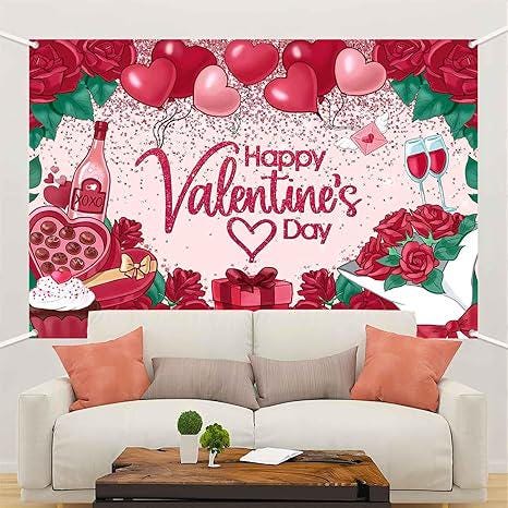 Happy Valentines Day Backdrop Banner Red Heart Balloons Roses Love Photo Decor 7x5ft