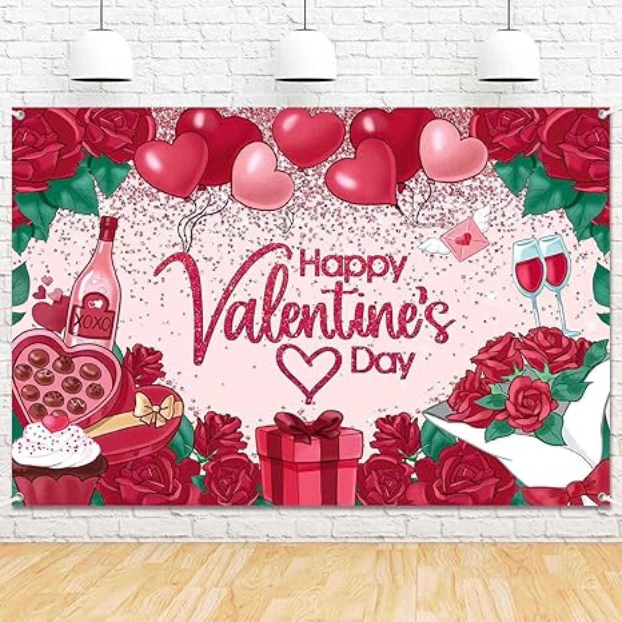 Happy Valentines Day Backdrop Banner Red Heart Balloons Roses Love Photo Decor 7x5ft