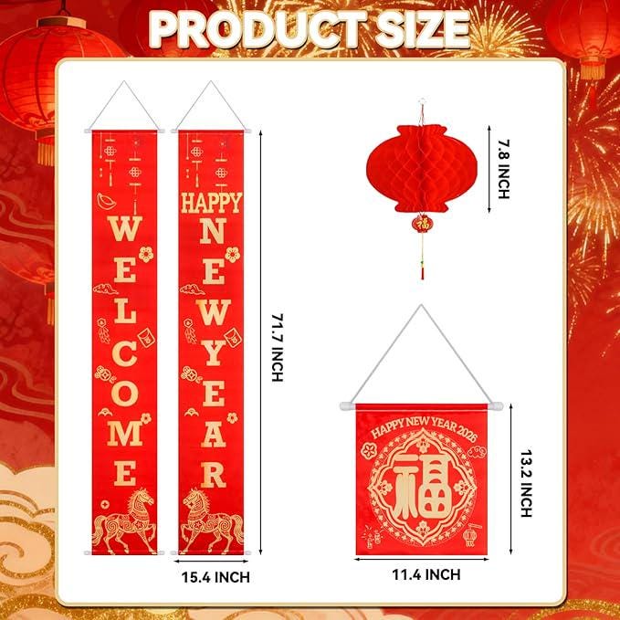 2026 Chinese New Year Porch Decor Set: Fu Sign, Red Lanterns, Horse Design