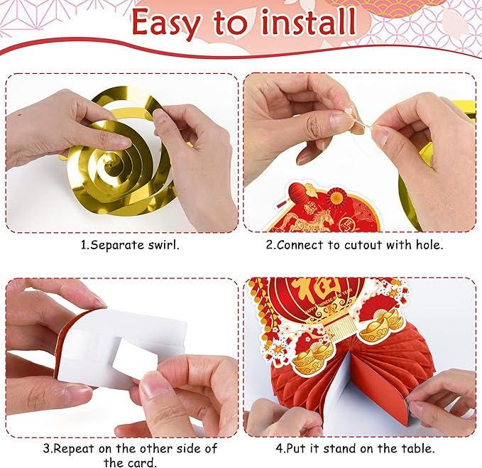 2026 Chinese New Year Banner Hanging Swirls Honeycomb Centerpieces Horse Red Gold Decor