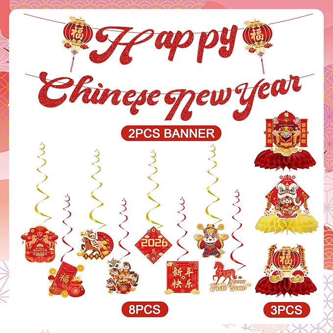 2026 Chinese New Year Banner Hanging Swirls Honeycomb Centerpieces Horse Red Gold Decor
