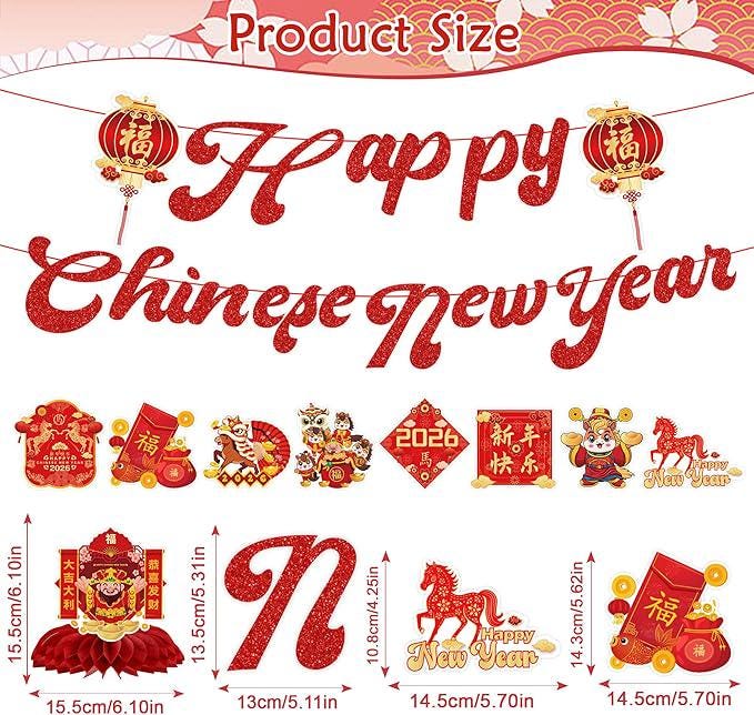 2026 Chinese New Year Banner Hanging Swirls Honeycomb Centerpieces Horse Red Gold Decor