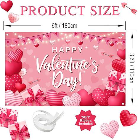 Happy Valentines Day Pink Backdrop Love Heart Banner Party Decor 14 February