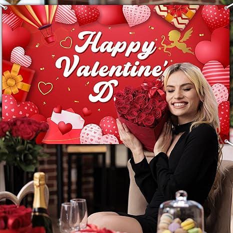 Happy Valentines Day Red Backdrop Love Heart Banner Party Decor 14 February