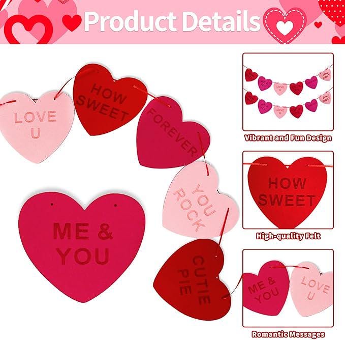 2 Strings Felt Heart Garland Romantic Red Pink Love Banner for Valentines Wedding Party