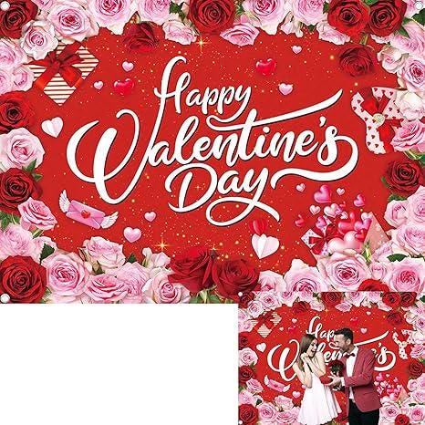 Happy Valentines Day Red Pink Rose Backdrop Banner Photo Booth Party Decor