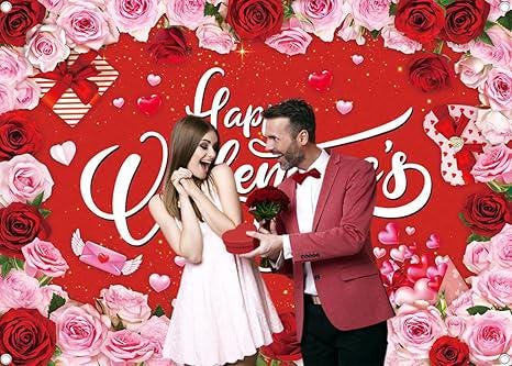 Happy Valentines Day Red Pink Rose Backdrop Banner Photo Booth Party Decor