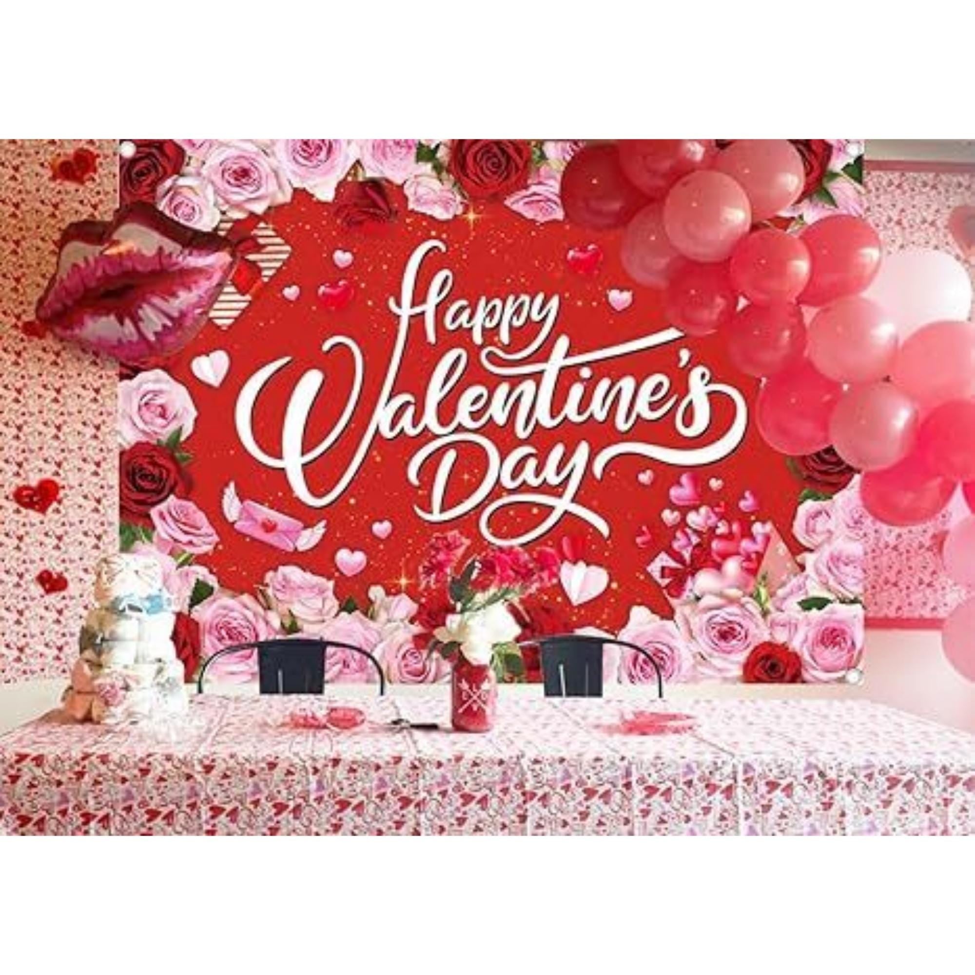 Happy Valentines Day Red Pink Rose Backdrop Banner Photo Booth Party Decor