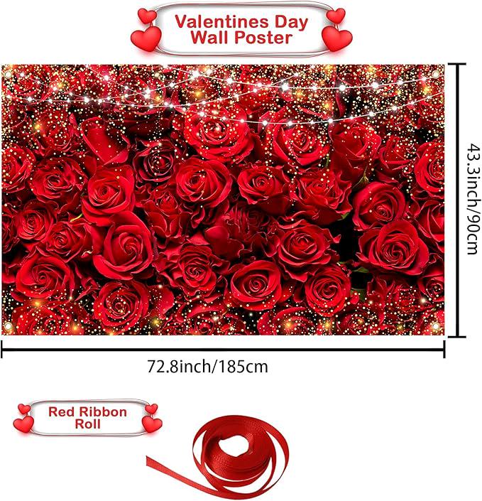 Happy Valentines Day Red Rose Banner Backdrop Large Party Photo Booth Decor