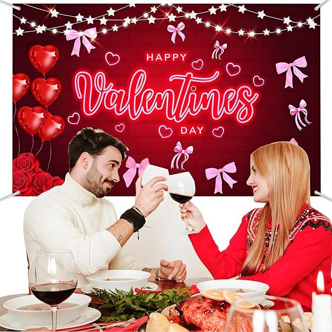 Happy Valentines Day Banner Red Rose Floral Backdrop Wedding Photo Booth Decor