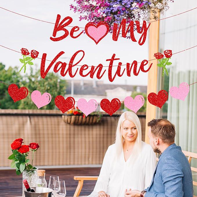Be My Valentine Banner with Heart Garland Roses Romantic Party Decor
