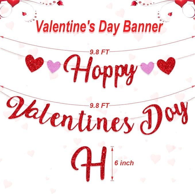 Happy Valentines Paper Banner Red Glitter Heart Party Decor Supplies