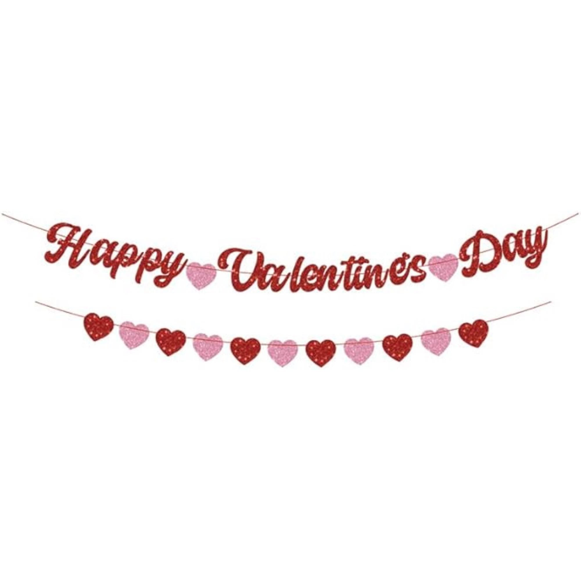 Happy Valentines Day Banner Red Pink Glitter Heart Party Decor
