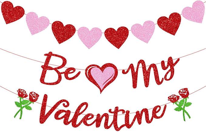 Glitter Valentine Banner Be My Valentine Red Pink Heart Party Decor