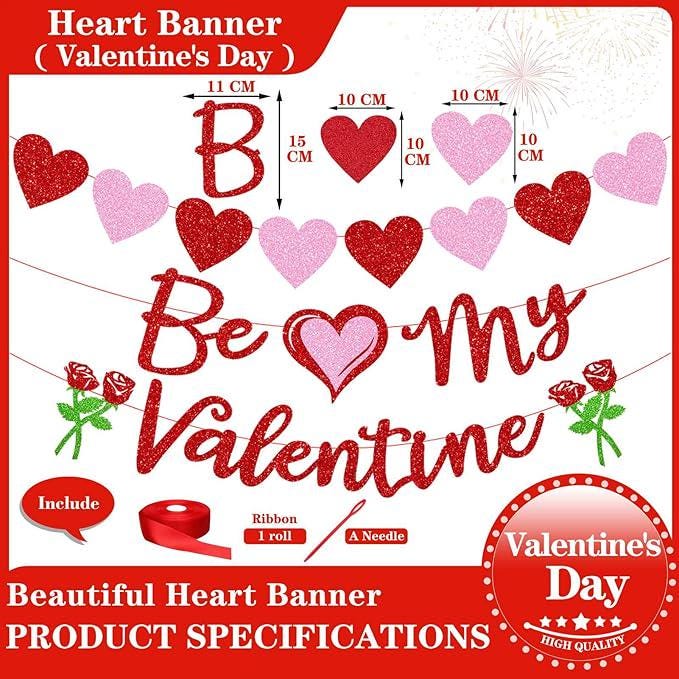 Glitter Valentine Banner Be My Valentine Red Pink Heart Party Decor