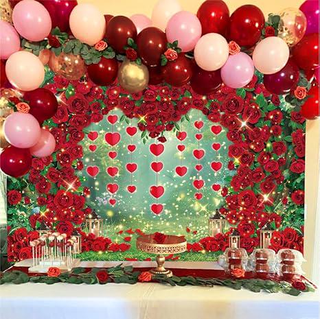 Valentines Day Backdrop Red Rose Heart Garden Wedding Party Photo Banner 82x59