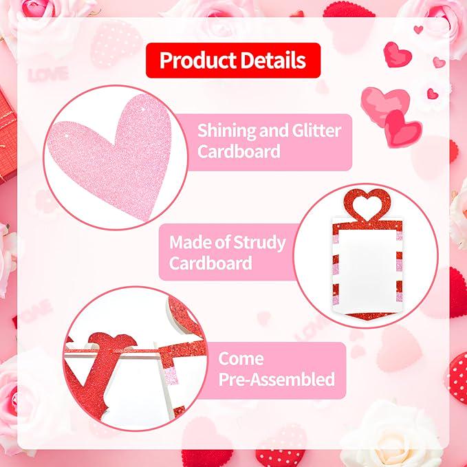 Red Pink Glitter Heart Birthday Banner Valentines Wall Party Decoration