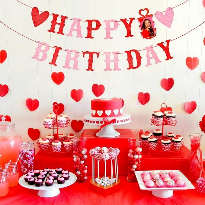 Red Pink Glitter Heart Birthday Banner Valentines Wall Party Decoration