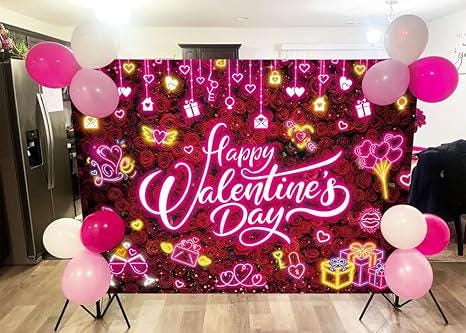Neon Happy Valentine Backdrop Pink Love Hearts Valentines Day Wall Banner