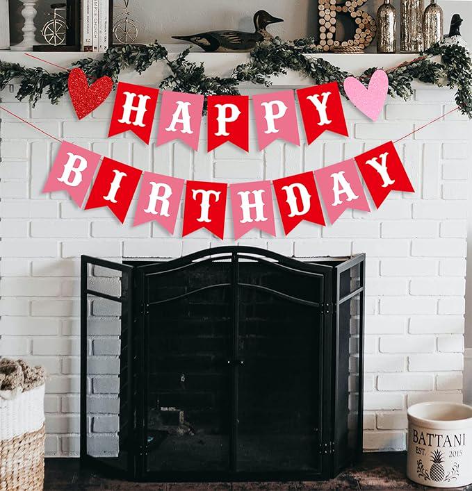 Happy Birthday Valentines Day Banner Red Pink Glitter Heart Wall Decoration
