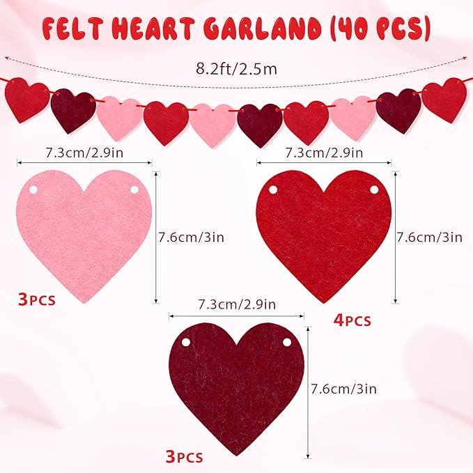 4 Pack Felt Heart Banner Garland Red Pink Hanging Valentines Day Decoration
