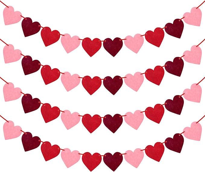 4 Pack Felt Heart Banner Garland Red Pink Hanging Valentines Day Decoration