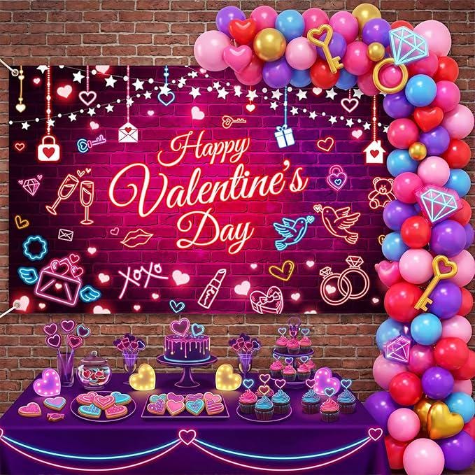 Valentines Day Neon Backdrop Pink Love Heart Party Photo Booth Banner