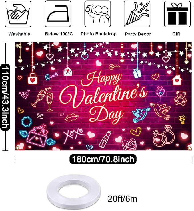 Valentines Day Neon Backdrop Pink Love Heart Party Photo Booth Banner