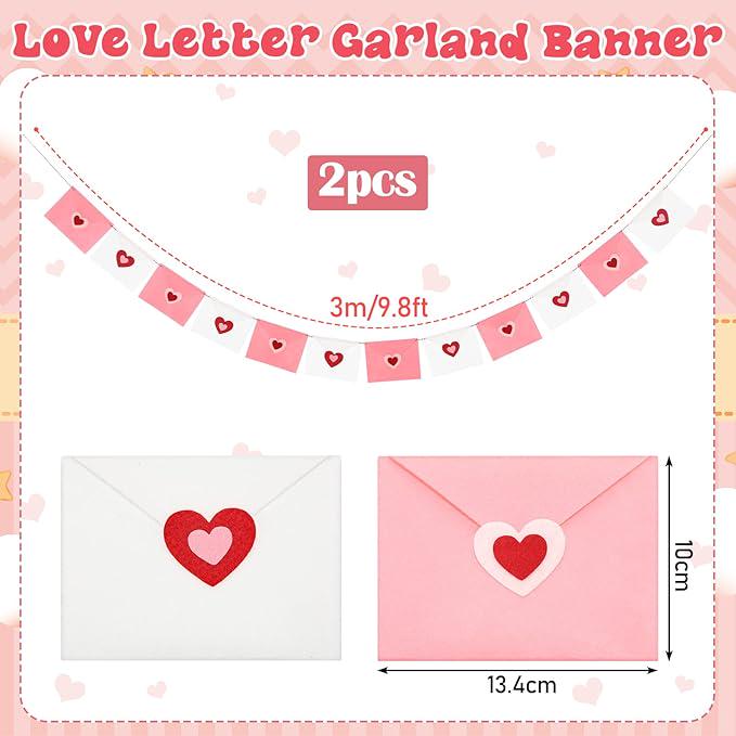 2 Pcs 19.7 Ft Valentine Love Letter Felt Heart Envelope Hanging Banner