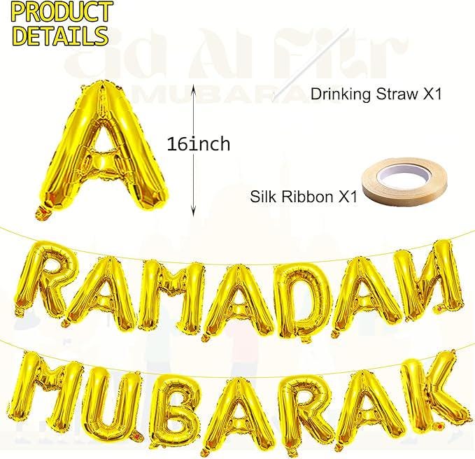 16 Inch Ramadan Mubarak Letter Balloons Gold Foil Banner Eid Party Decor