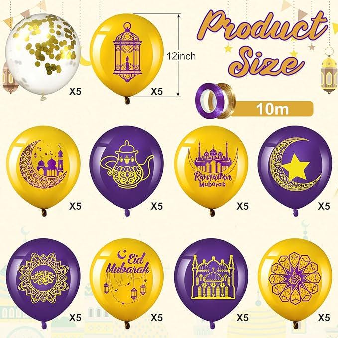 60 Pcs Ramadan Mubarak Balloons Purple Gold Eid Latex Party Decor 12 Inch