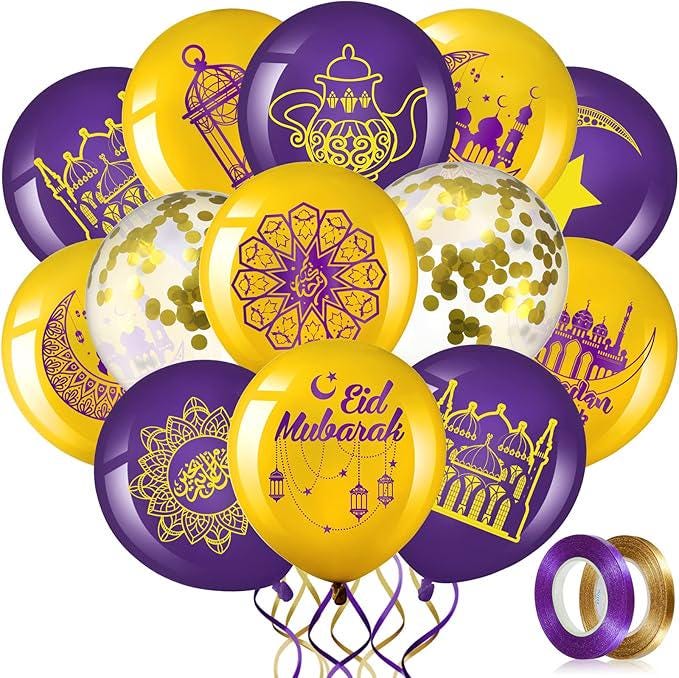 60 Pcs Ramadan Mubarak Balloons Purple Gold Eid Latex Party Decor 12 Inch