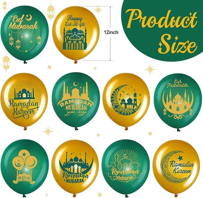 40 Pcs Ramadan Mubarak Balloons Green Gold Eid Latex Party Decor for Home