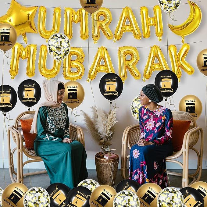 44 Pcs Umrah Mubarak Balloons Black Gold Moon Star Ramadan Eid Party Decor