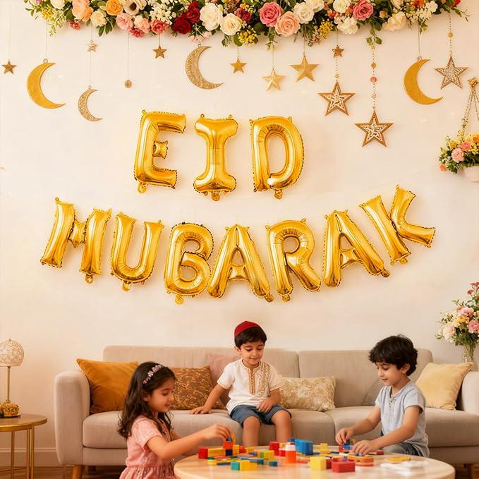 Eid Mubarak Banner 16 Inch Gold Foil Balloons Ramadan Party Decorations