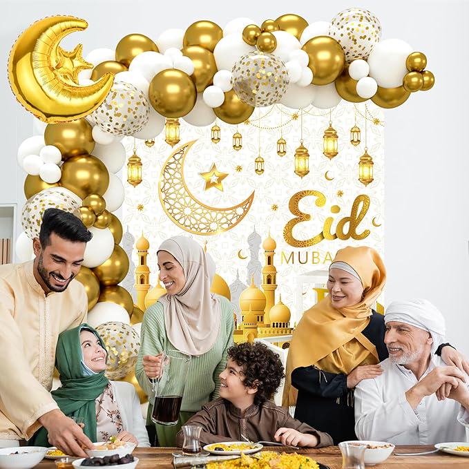 96 Pcs Eid Mubarak Balloons White Gold Ramadan Confetti Banner Party Decor