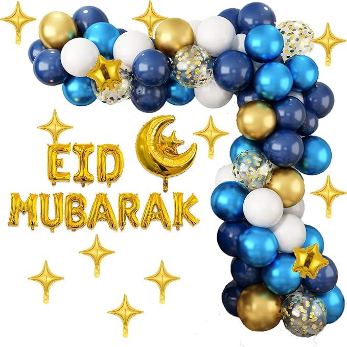 105 Pcs Balloon Arch Kit Blue Gold Ramadan Mubarak Eid Party Decor