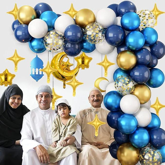 105 Pcs Balloon Arch Kit Blue Gold Ramadan Mubarak Eid Party Decor