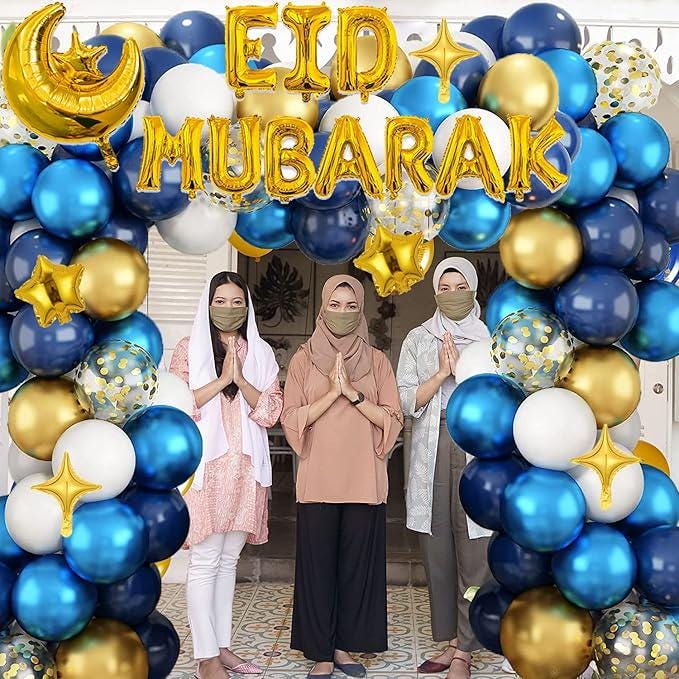 105 Pcs Balloon Arch Kit Blue Gold Ramadan Mubarak Eid Party Decor