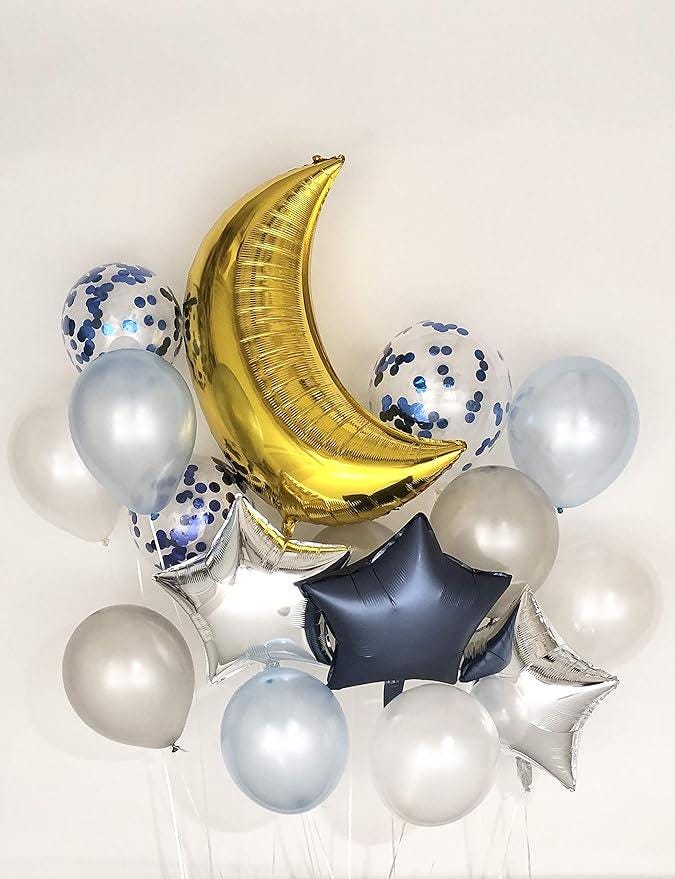 16 Pcs Moon Star Balloons Bouquet Blue Baby Shower Birthday Eid Ramadan Decor