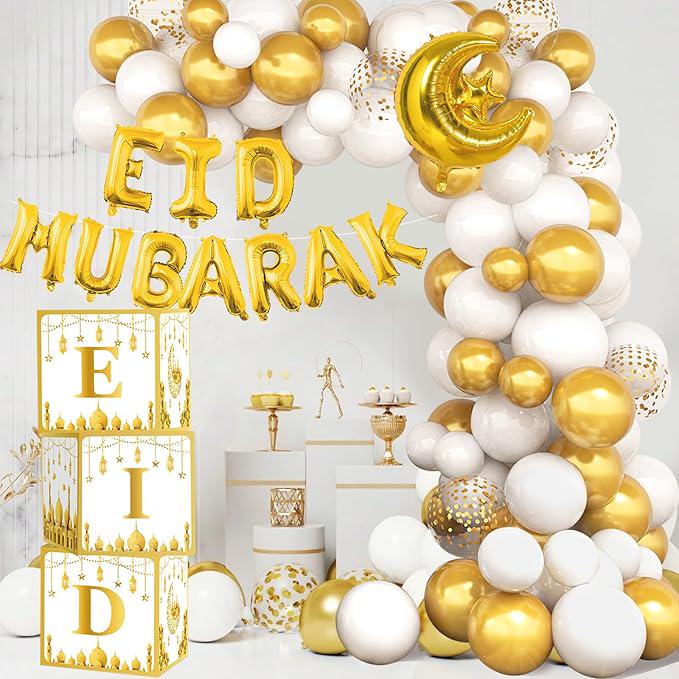 Eid Mubarak Decorations Home 2025 White Gold Balloon Arch Moon Star Ramadan Party Decor